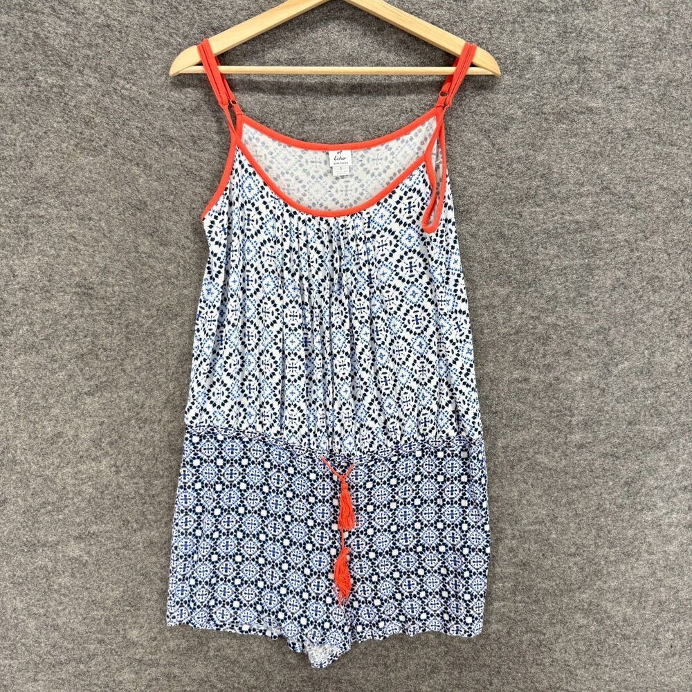 Echo Pajama Set Women S Small Blue Geometric Sleeveless Drawstring Rayon Sleep